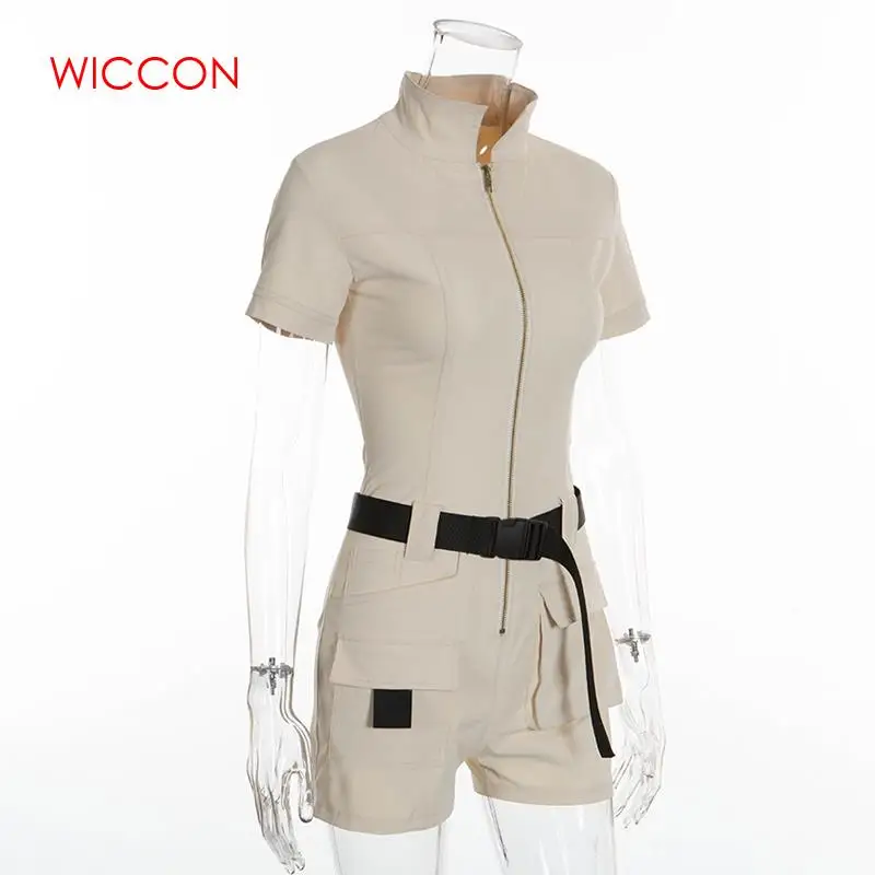 

Women Sexy Buckle Playsuits Turn Down Collar Zipper Bodysuits Patchwork Short Sleeve Mujer Playsuits Street Fashion