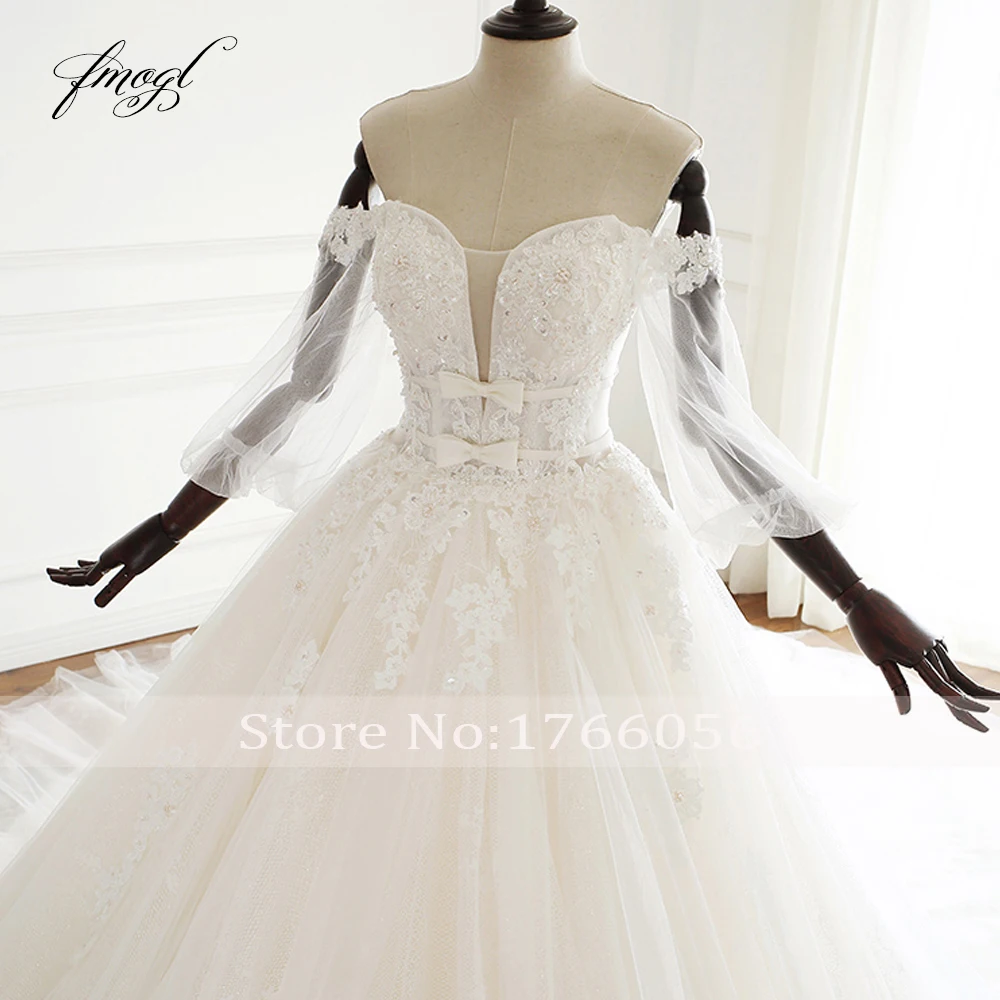 Fmogl Vestido De Noiva бальное платье с длинными рукавами Свадебные платья сексуальные милые биссерные аппликации бант винтажные платья невесты