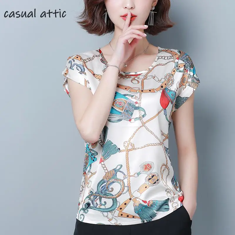 

Women Summer Tops Casual White Black Blouse Ice Silk Ladies Blouse Femme Shirt 2019 Fashion Print Plus Size Camisa Feminina