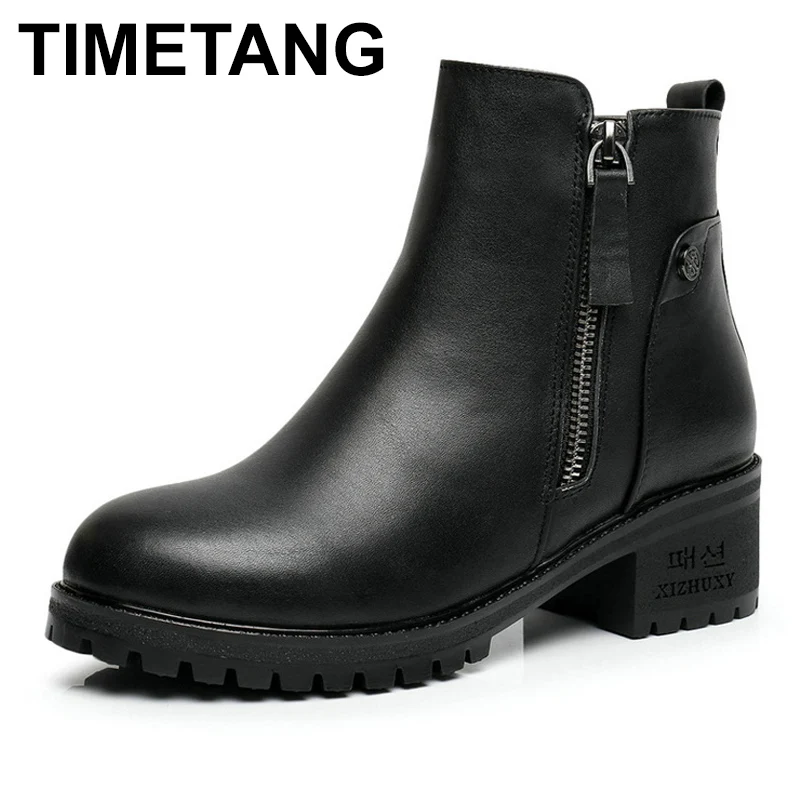 

TIMETANG 2017 New Fashion Genuine Leather Motorcycle Ankle Boots Female Zipper Mid Heels Platform Comfortable Spring Autumn Shoe