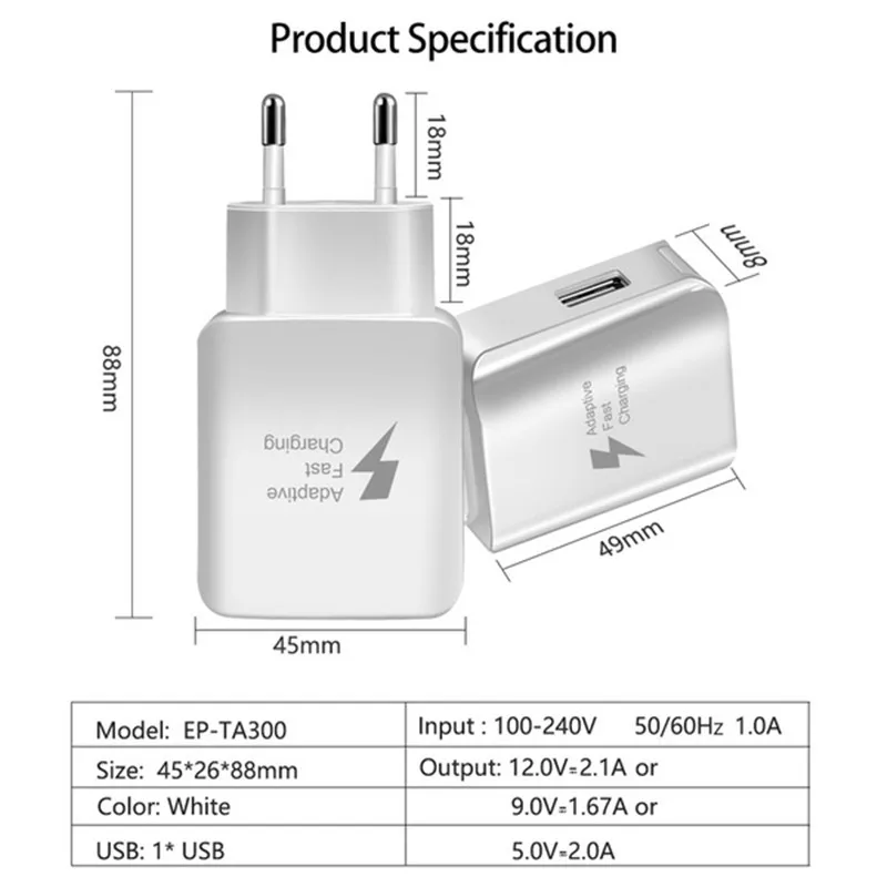 Адаптивное быстрое зарядное устройство для samsung S10 Plus S9 S8 note 9 зарядное устройство 5 В 2A EU US разъем для Galaxy S9 S10 S8 samsung A40 A50 зарядное устройство