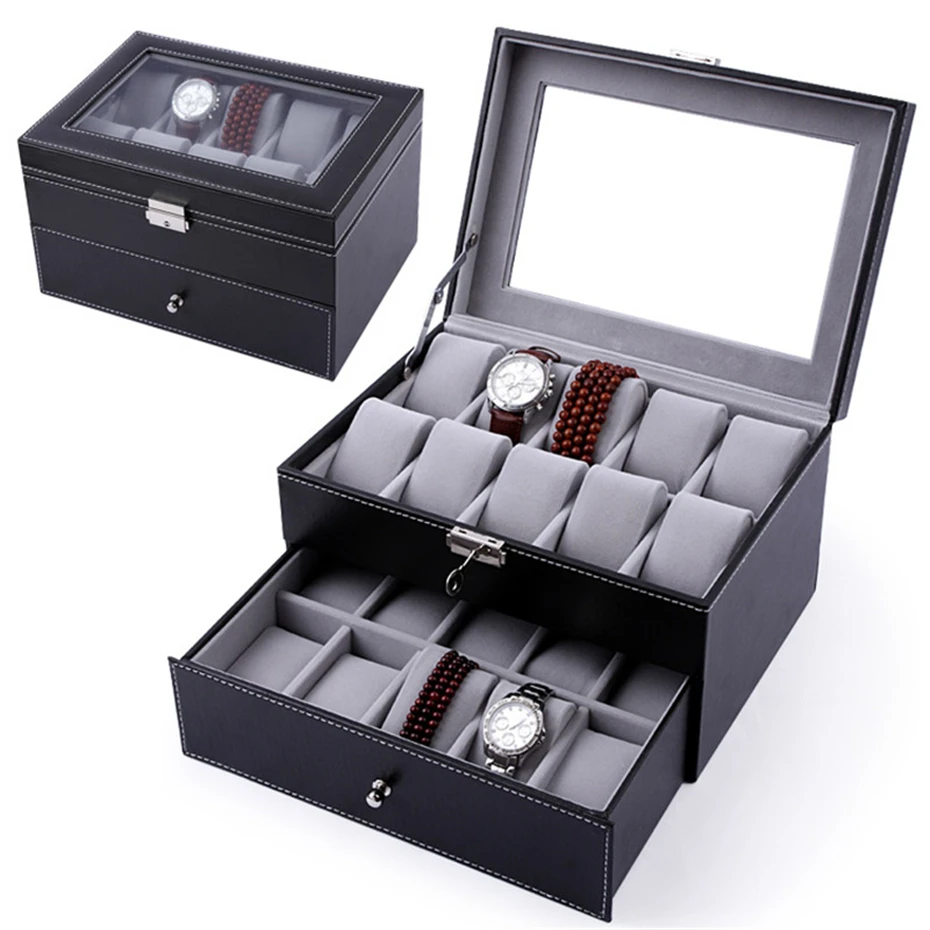 

Pu Leather Watch Box Aivtalk 20 Slots Double-deck Wristwatch Display Box Storage Holder Organizer Case for Jewelry Watch Sellers