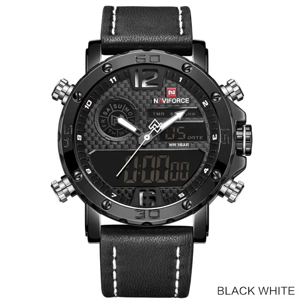 Модные часы NAVIFORCE, мужские, люксовый бренд, кварцевые наручные часы, мужские, повседневные, кожа, 30 м, водонепроницаемые, двойной дисплей, Relogio Masculino - Цвет: Black White