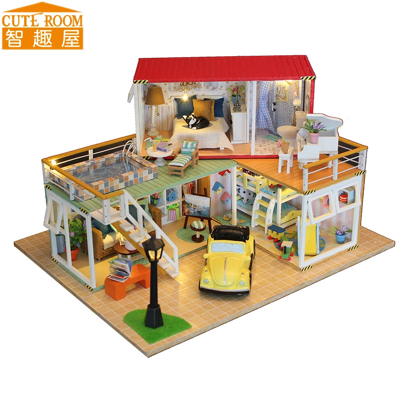 Hot Sale DIY Doll House Wooden Miniatura Doll Houses Miniature dollhouse With Furniture LED Lights Birthday Gift 13841