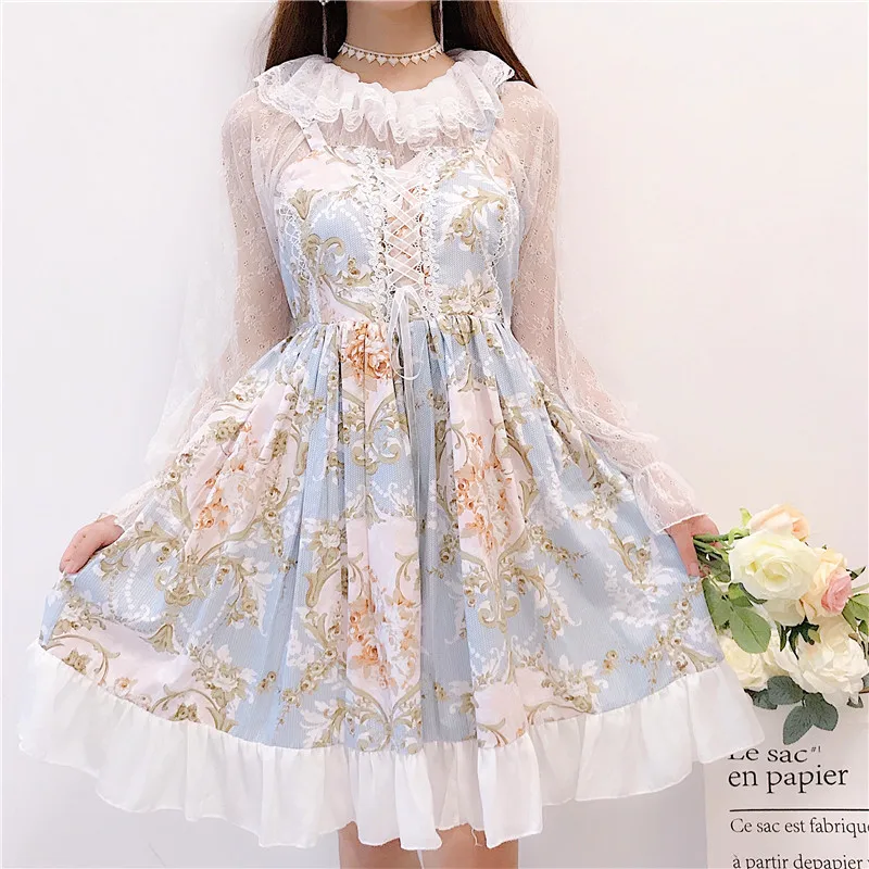 Женский нежный комплект японского стиля"лолита",милое женственное платье с оборками,на весну лето и осень,кружевной топ+цветочный сарафан