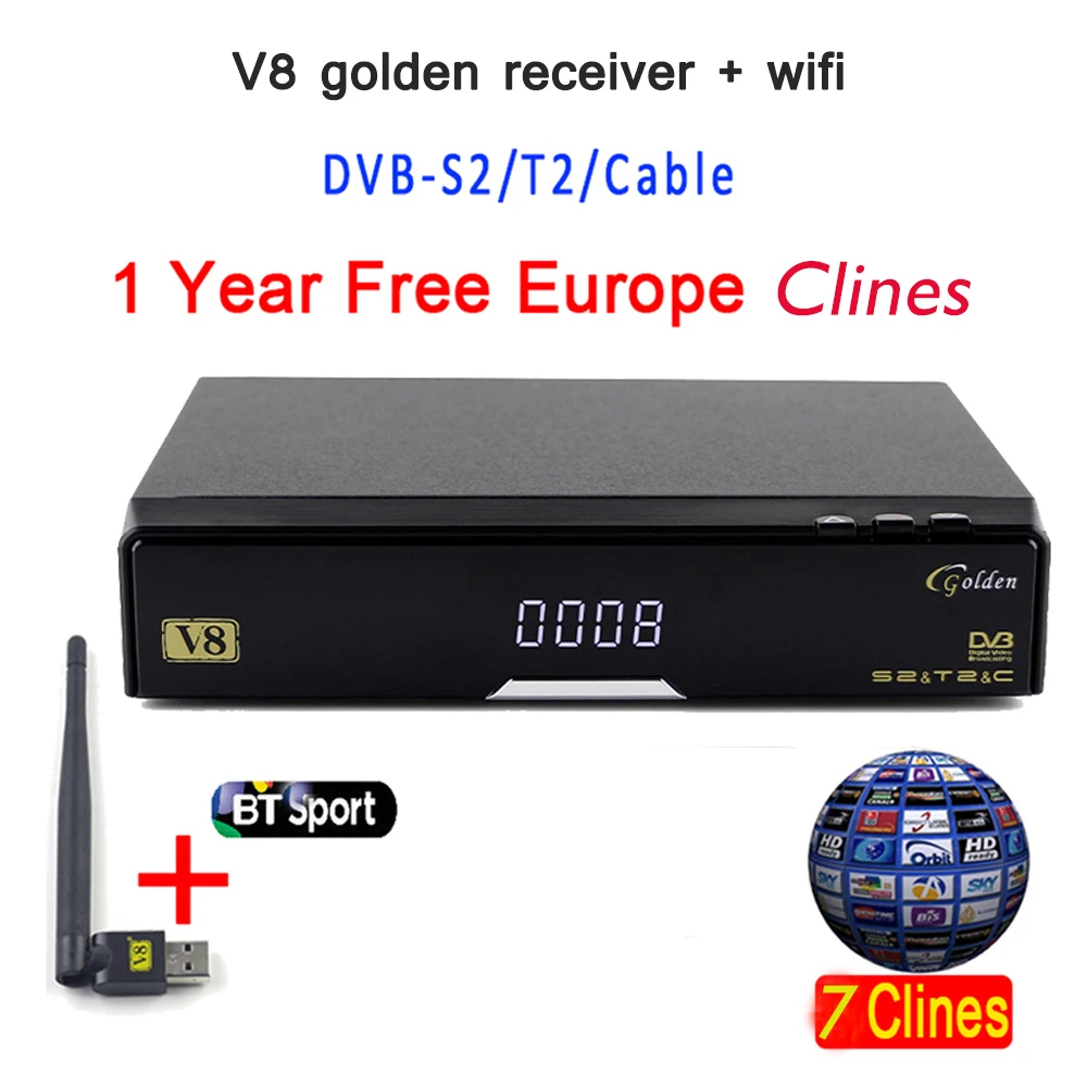 

2PCS Genuine V8 Golden DVB-S2 DVB-T2 DVB-C Satellite Receiver with 4 Clines Clines For 1 Year with USB WIFI top box