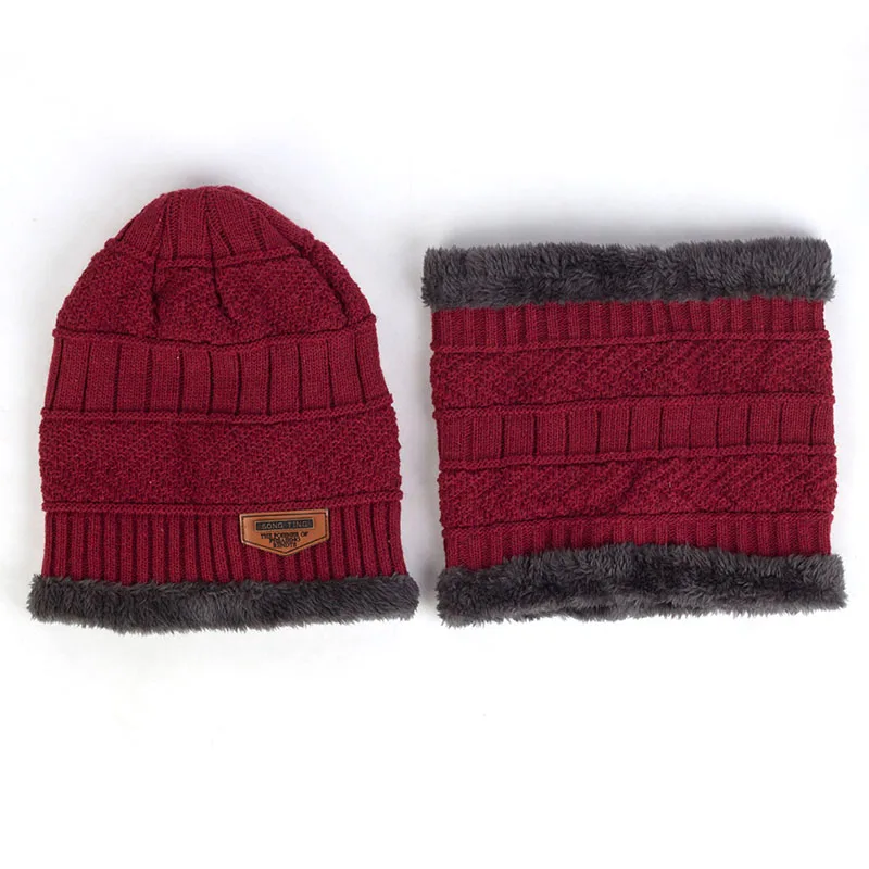 Geebro Fashion Neck warmer knitted hat scarf set fur Wool Lining Thick Warm beanies Winter Hat For men women Cap Skullies bonnet - Color: Wine red-3