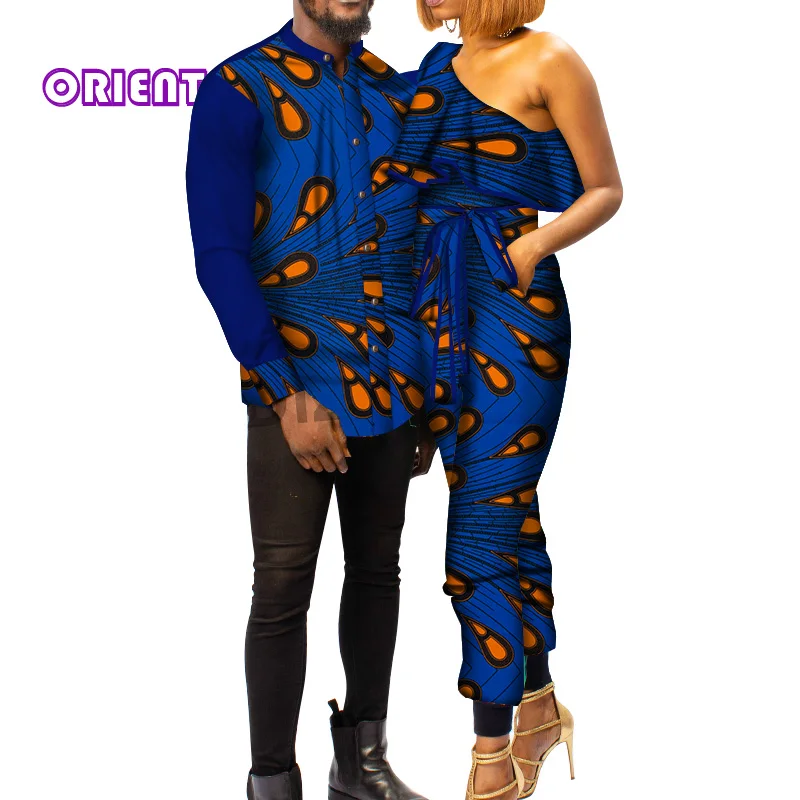 Африканская одежда для пары женщин на одно плечо Длинные Комбинезоны для мужчин африка печати Лоскутная рубашка одежда для свадебной вечеринки WYQ336 - Цвет: 11