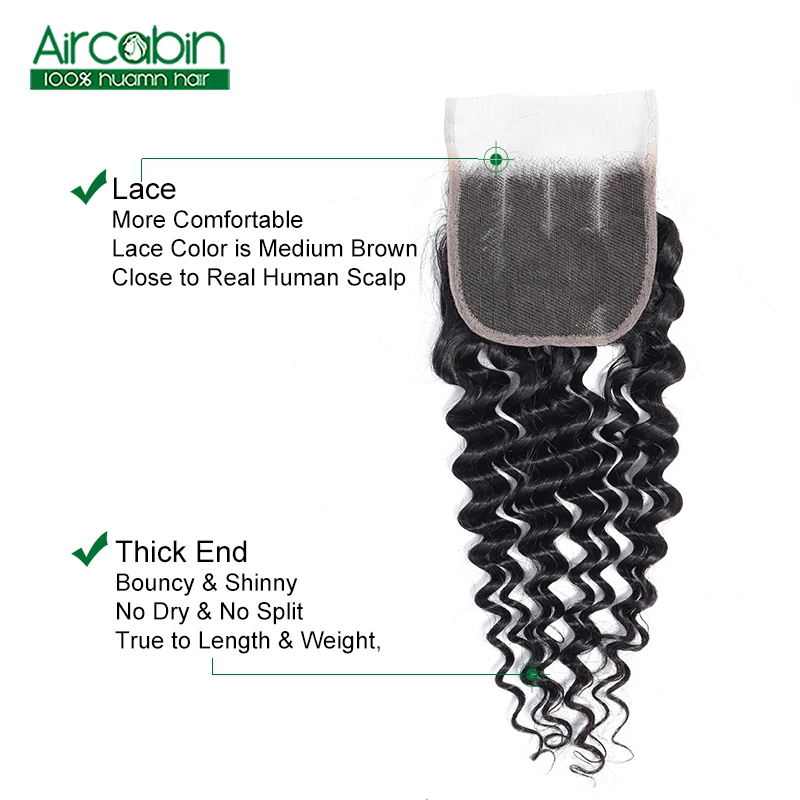 Brazilian Deep Wave Bundles with Closure Human Hair 3 Bundles with Lace Closure Bleached Knots AirCabin Non Remy Extensions
