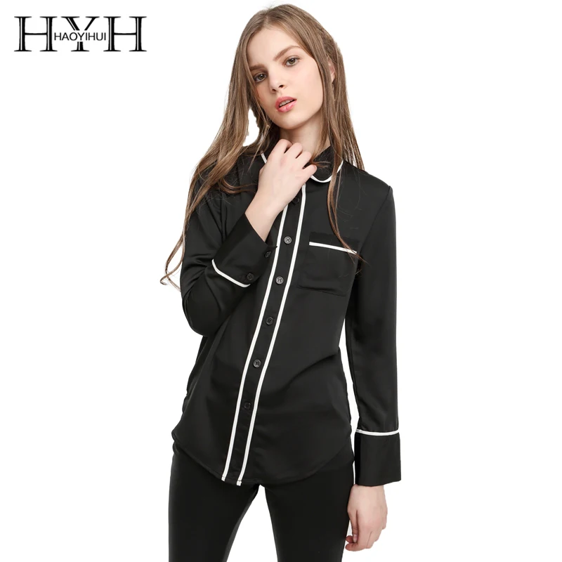 

HYH HAOYIHUI Women Blouse Turn-down Collar Long Sleeve Color Block Single Breasted Top Office Ladies Elegant Basic Black Shirt