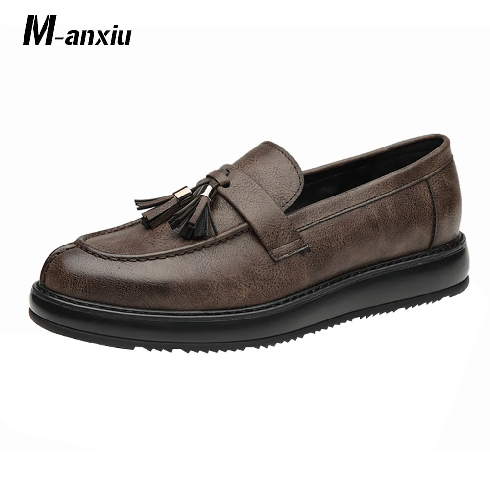 M-anxiu Korean Style Vintage Tassel Fringe Leather Shoes Men Casual Loafers Night Club Party Flat Shoes Gift for Boyfriend