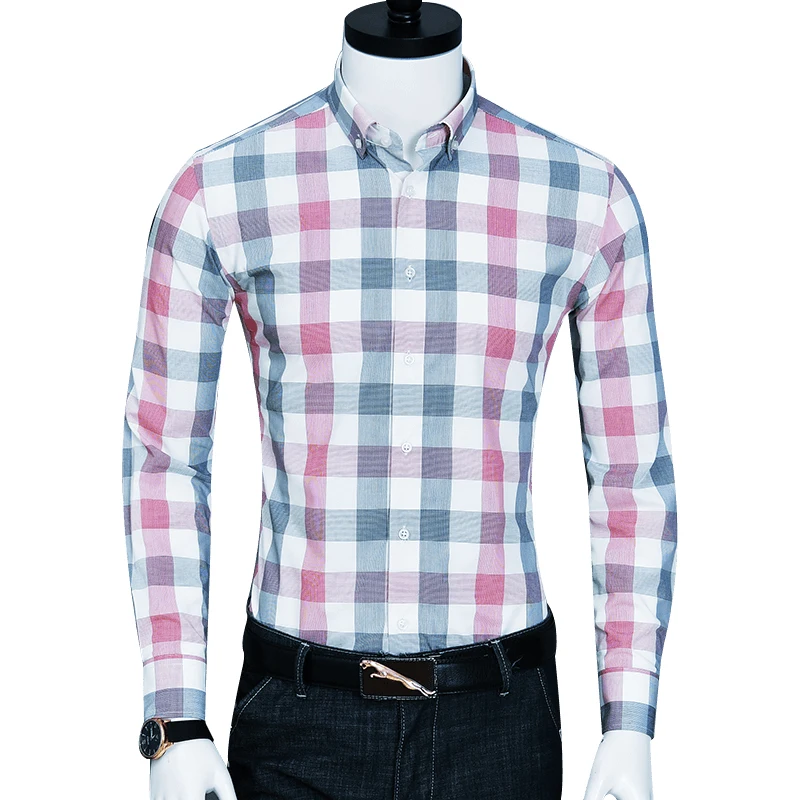 

Men's Long Sleeve Plaid Checkered Dress Shirts Comfortable Bamboo Fiber Standard-fit Button-collar Casual Shirt