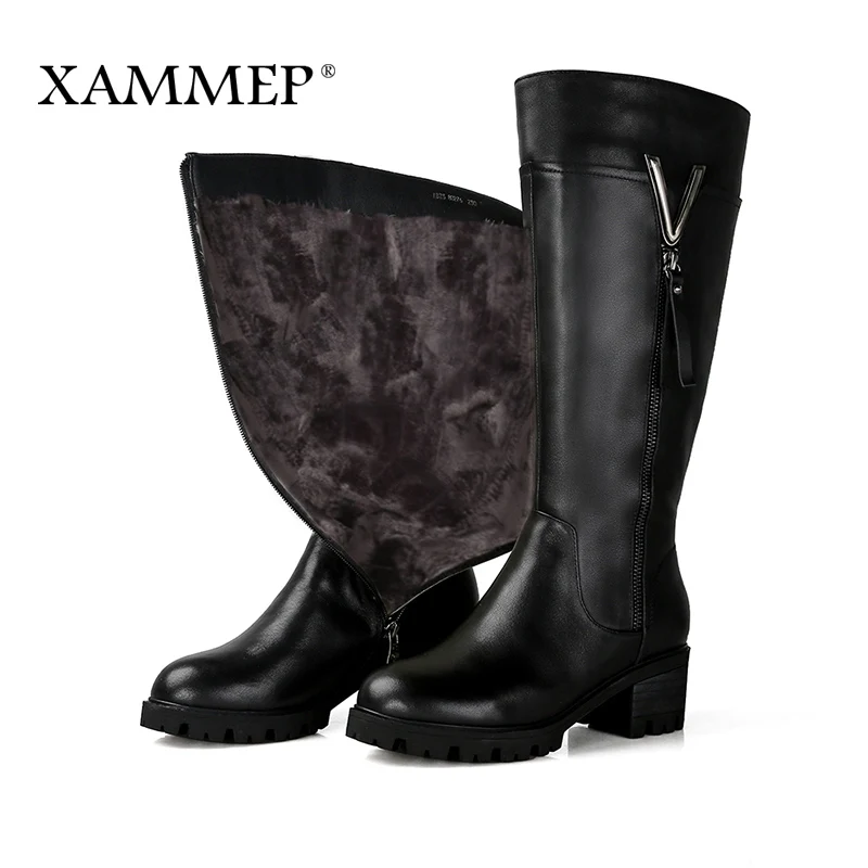 Женские зимние ботинки из натуральной кожи; Брендовая женская зимняя обувь; теплые высококачественные сапоги до колена из натуральной шерсти и плюша; Xammep - Цвет: Plush