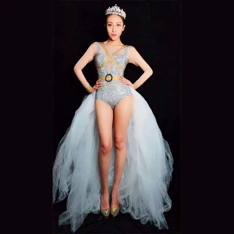 2PCS/SET Glisten Crystal White Bodysuit Women Festiva Outfit Nightclub Female Singer Costume Stage