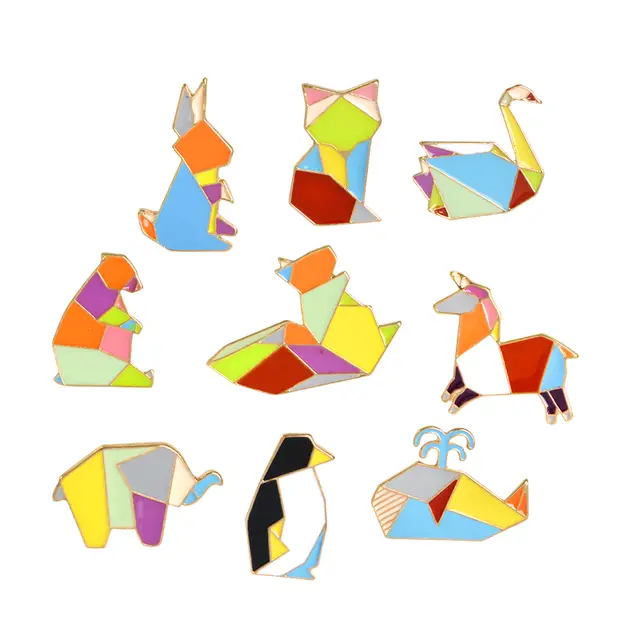 Us 299 25 Off9pcsset Origami Paper Folding Animal Enamel Lapel Pin Tangram Elephant Rabbit Bunny Bear Squirrel Whale Fish Penguin Fox Design In