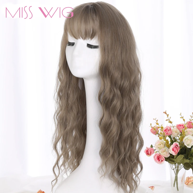 MERISI HAIR 26 SLong Grey Brown Womens Wigs with Bangs Heat Resistant Synthetic Wavy Wigs for Black Women African American-++