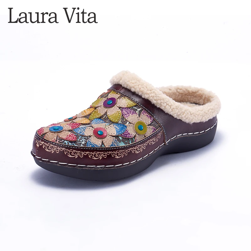 

Laura Vita Slippers Winter Genuine Leather House Slippers Women Plush Insole Slip-on Comfortable Women Shoes