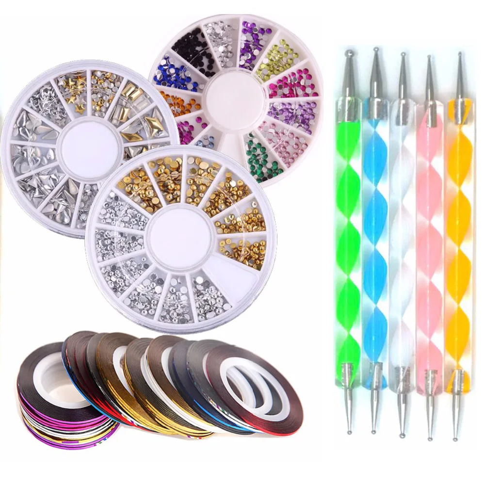

Nail Art Tools Kit Nail Rhinestones Decoration Holographic Striping Tape Line Nail Dotting Pen 3D Glitter Crystal Accessories