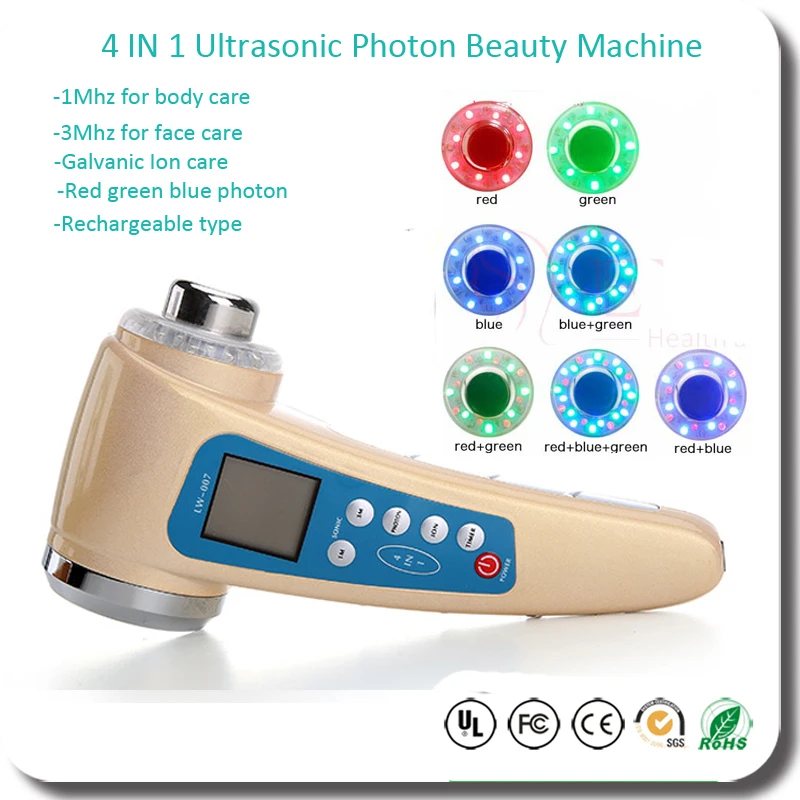 Rechargeable 1mhz & 3mhz Ultrasound Galvanic Ion Colorful Photonrejuvenation Beautiful Face Body