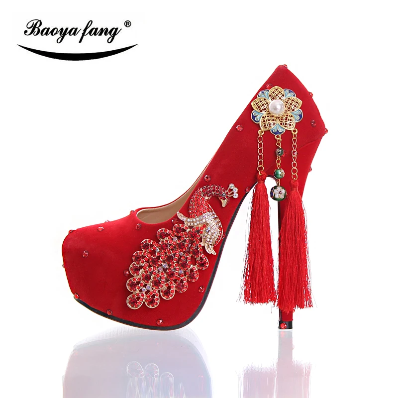 

New Flock tessal Fashion shoes Women wedding shoes 14cm high heels platform shoes round toe peacock Red Bride shoes
