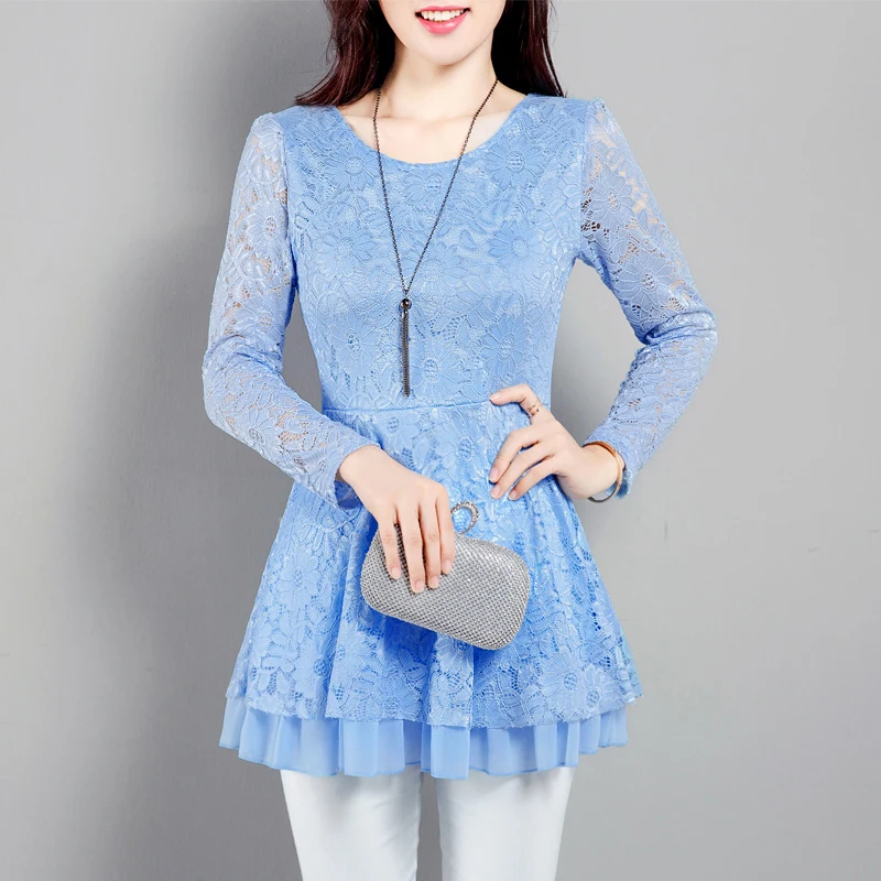 Женская кружевная блузка с длинным рукавом и круглым вырезом|ruffle lace top|lace toplace peplum