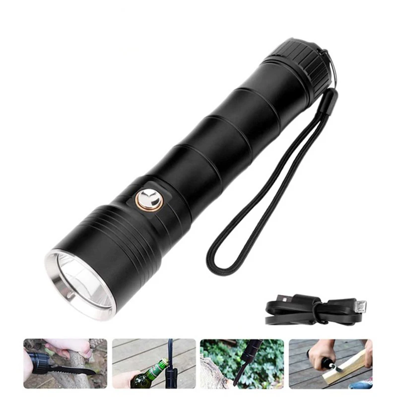 

Multi-functional XML L2 LED Flashlight 60m Diving Flash Light Power Bank 18650 USB Torch Tactical with Knife Self Defense