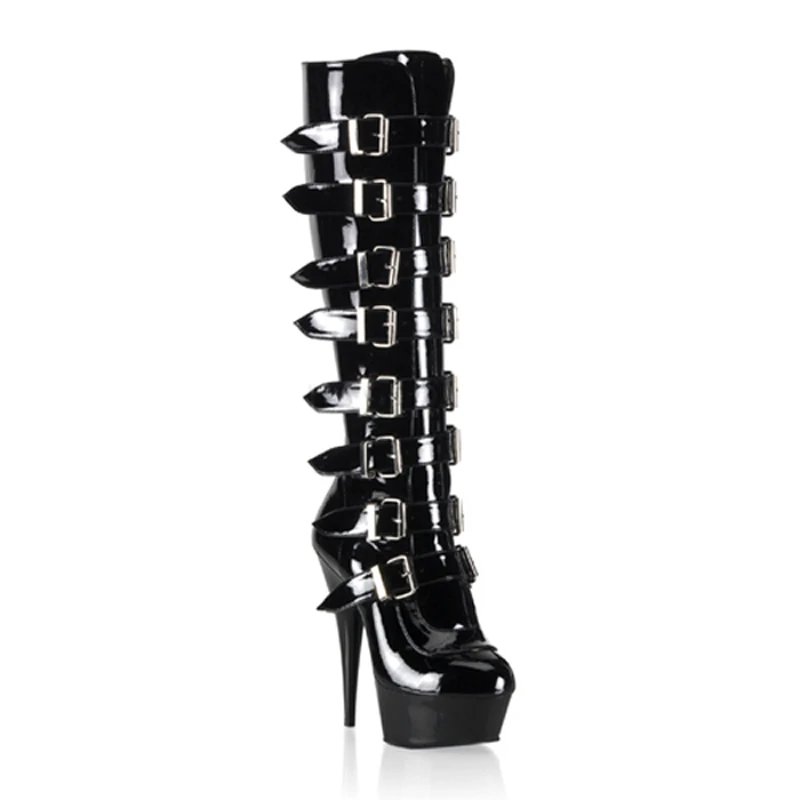 LAIJIANJINXIA/Сапоги до колена на очень высоком каблуке 15 см обувь в стиле панк с застежкой-молнией сбоку; ботинки с круглым носком Модные мотоботы высотой 6 дюймов - Цвет: Черный
