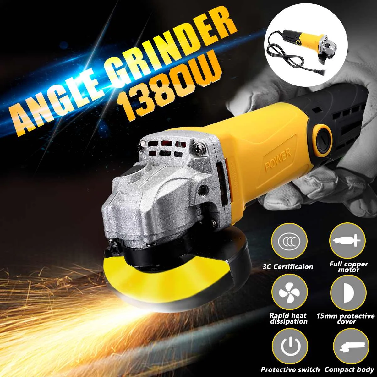 

1380W Metal Cutting Tool 220V/50Hz Electric Angle Grinder Grinding Machine 11000RPM Adjustable Anti-Slip Powerful Protect