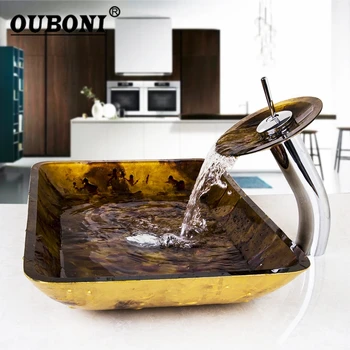 

Blue Waterfall Glass Hand-Painted Lavatory Bath Brass Set Bathroom Rectangular glass basin Sink Washbasin Faucet Mixers Taps