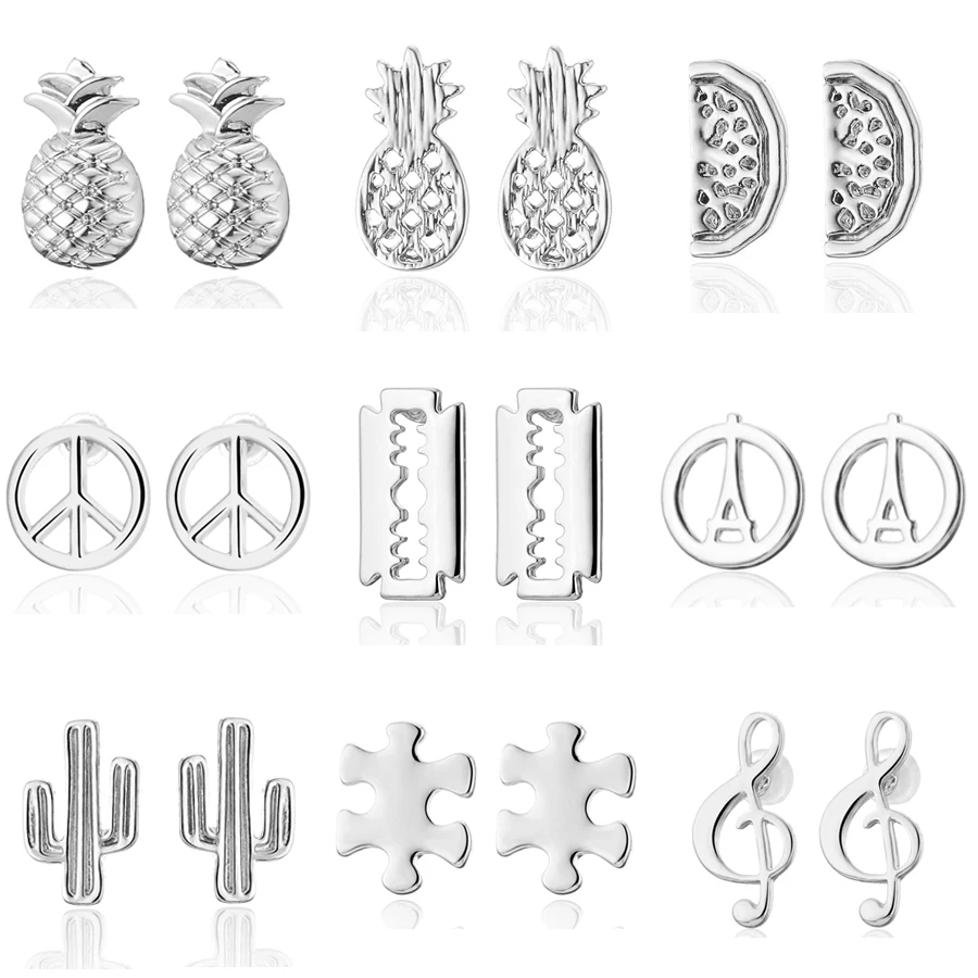 

Minimalist Cute Pineapple Cactus Music Note Stud Earrings For Women Fashion Jewelry 2019 Silver Rose Gold Color Wholesale Price