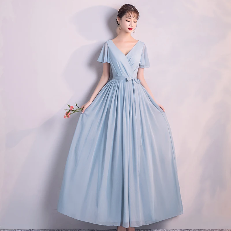 

Back of Zipper Bridesmaid Dresses Short Sleeves Woman Dresses for Party and Wedding Blue Colour Long Dress Adult V-neck