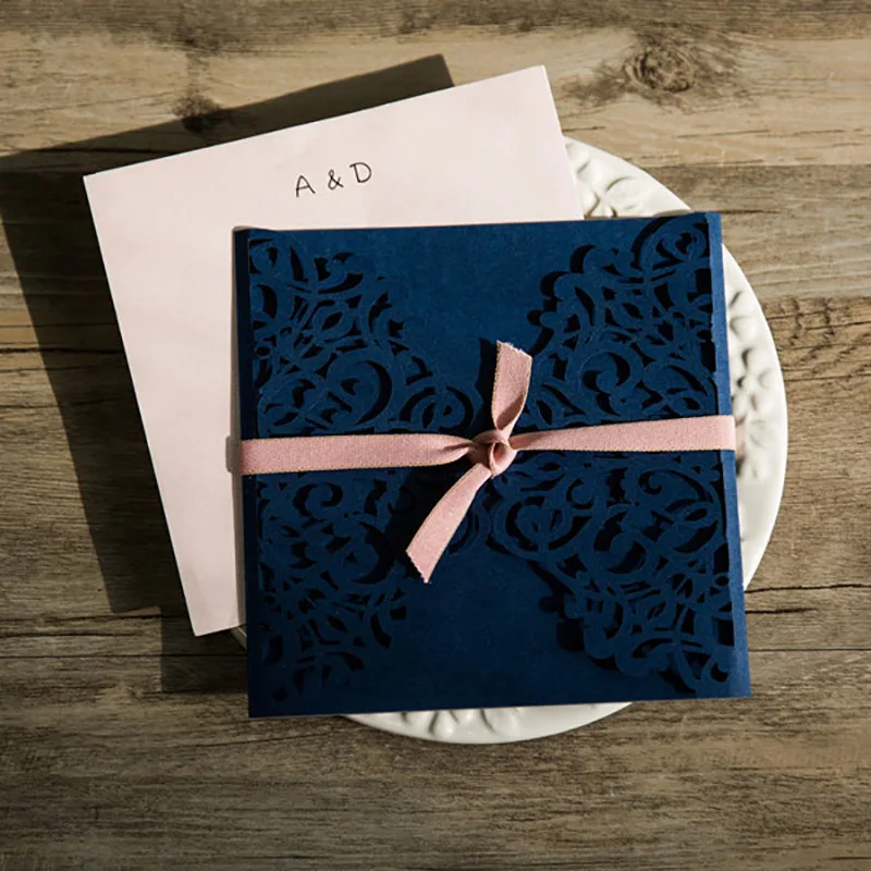

100 Bags Festival Design FLower Fold Blue Wedding Invitations Cards Print Customize Ribbons invitation Card Convite Casamento