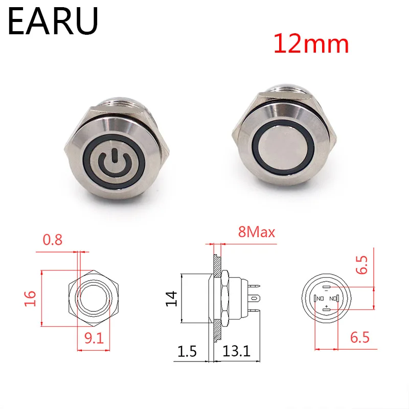 12/16/19 мм микро переключатель короткие ходовой Нержавеющая сталь мгновенный самозапуска Водонепроницаемый металлический кнопочный переключатель Мощность светодиодный светильник