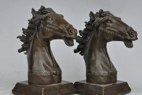 

shitou 001539 8" Folk Chinese Pure Bronze Art Zodiac FengShui Wealth Horse Head Statue Pair