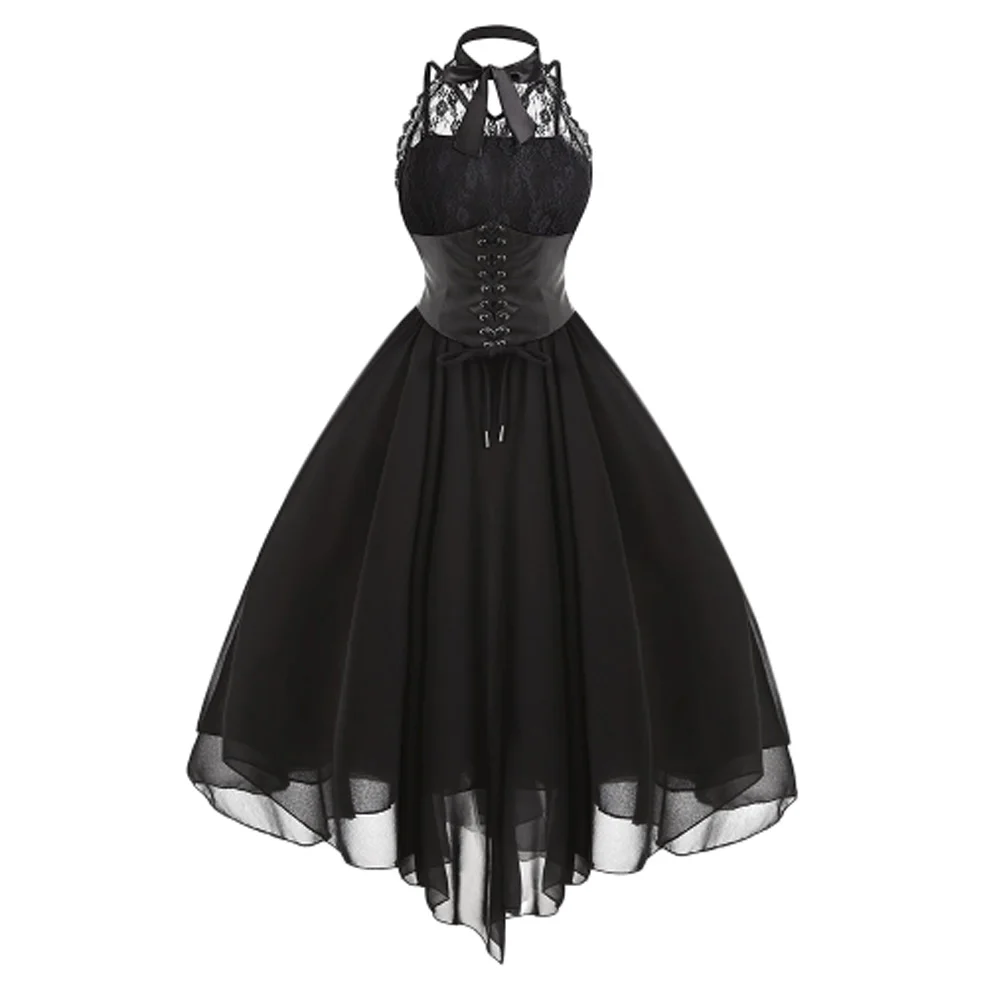 Women Dress Party Elegant Steampunk Victorian Gothic Long Dresses Vintage Lace Sleeveless V Neck Irregular Swing Dress Prom Gowns Halloween Costume Cosplay