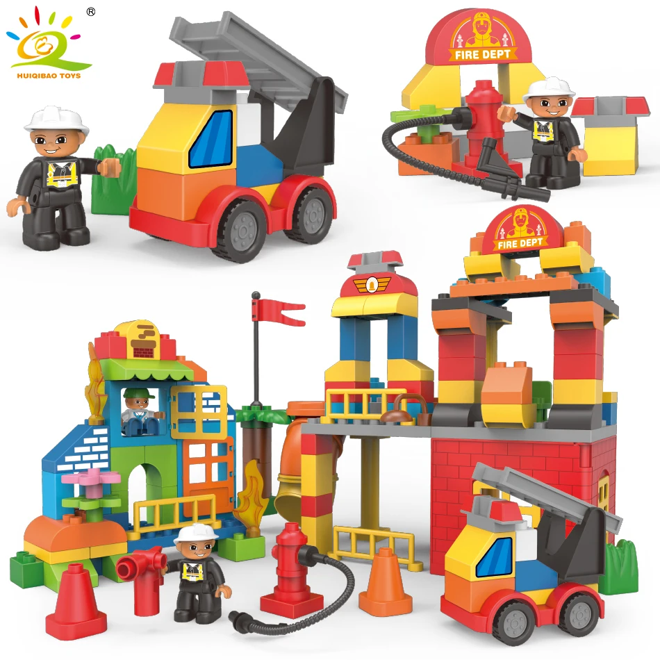 

124PCS City Fire Station Creative Building Blocks Compatible Legoed Duplo Firefighter Big Size Brick Hobbies Education Toys Kids