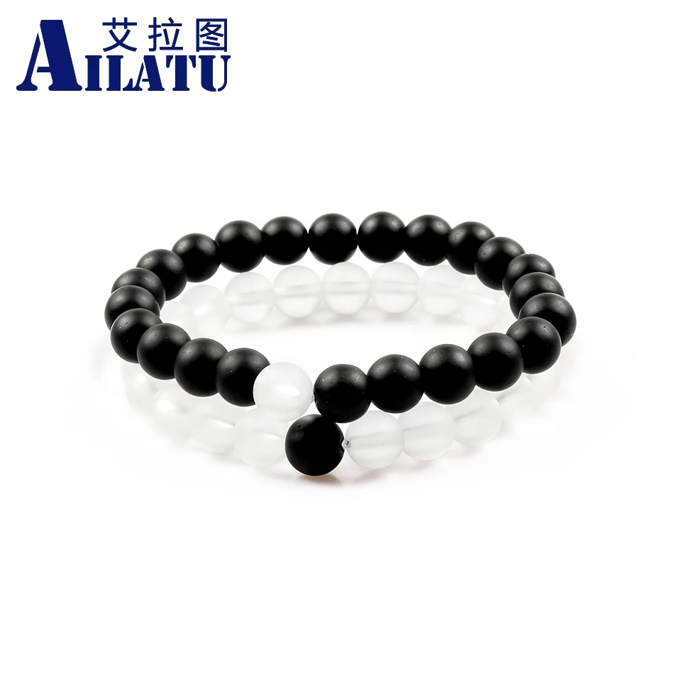 

Ailatu Lovers' Favorite Trend Style 8mm Black&White Ground Glass Beads Couple Bracelets