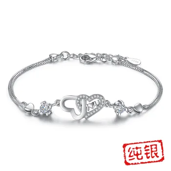 

Fashionable Brilliant Bracelet Silver Quality Women's Japanese and Korean Simple Zircon Purple Crystal Heart Original Jewelry