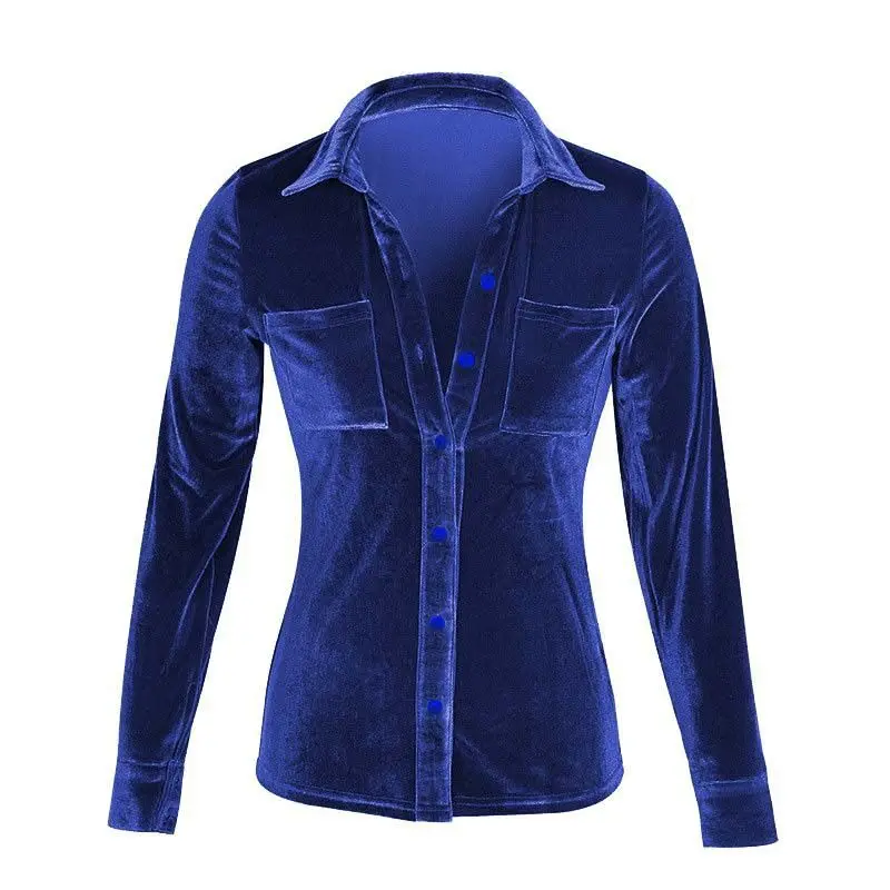 color blue Женская блузка, топы, бархатная женская рубашка с длинными рукавами и отворотом, Осень-зима, новая мода, 6 цветов, 4 размера, бархатная рубашка - Цвет: color blue