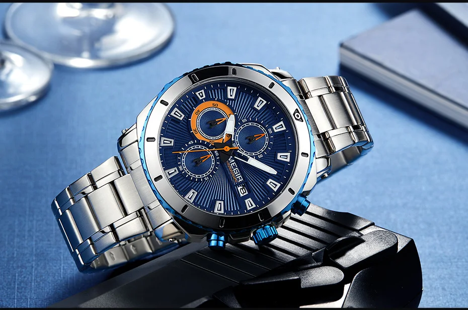 MEGIR Топ бренд Роскошные Мужские кварцевые часы с ремешком из нержавеющей стали Хронограф Бизнес наручные часы Мужские часы Relogio Masculino