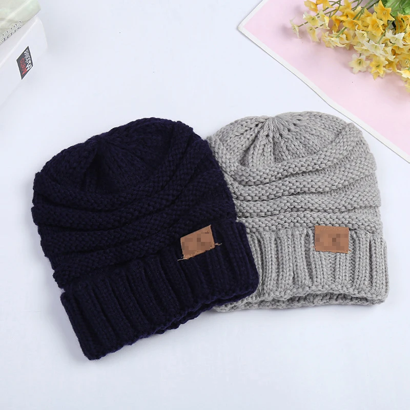 

Winter Knitted Wool Baby Hat Unisex Girl Boy Kids Folds Casual Labeling Beanies Solid Color Hip-Hop Skullies Cap