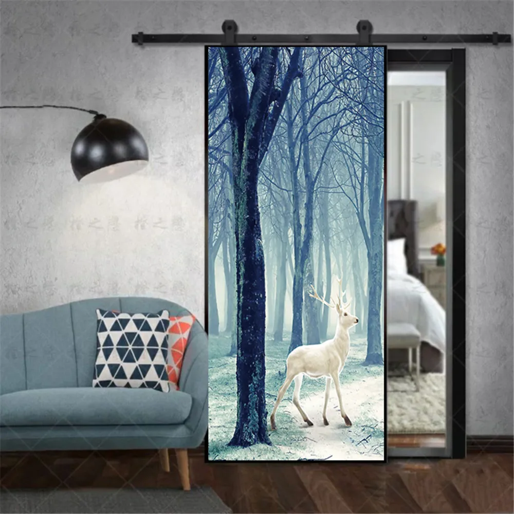 3D простой стиль ЛЕС белый олень двери наклейки для деревянной двери дома спальни обновления Творческий самоклеющиеся фрески обои