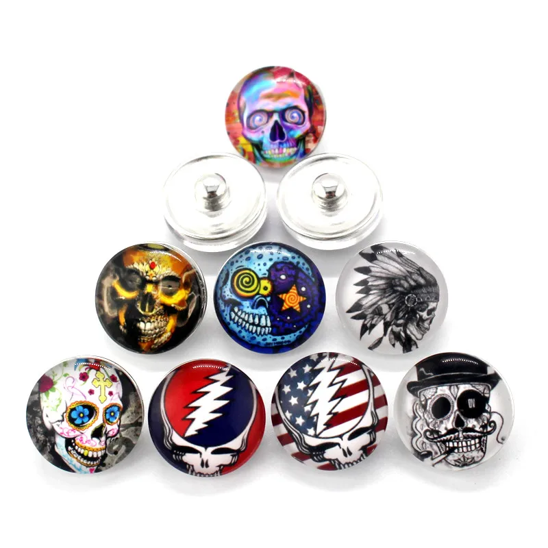20pcs/lot Eerie Skull PUNK Snap Buttons Printing Glass Buttons Jewelry Fit 18/20mm DIY Snap