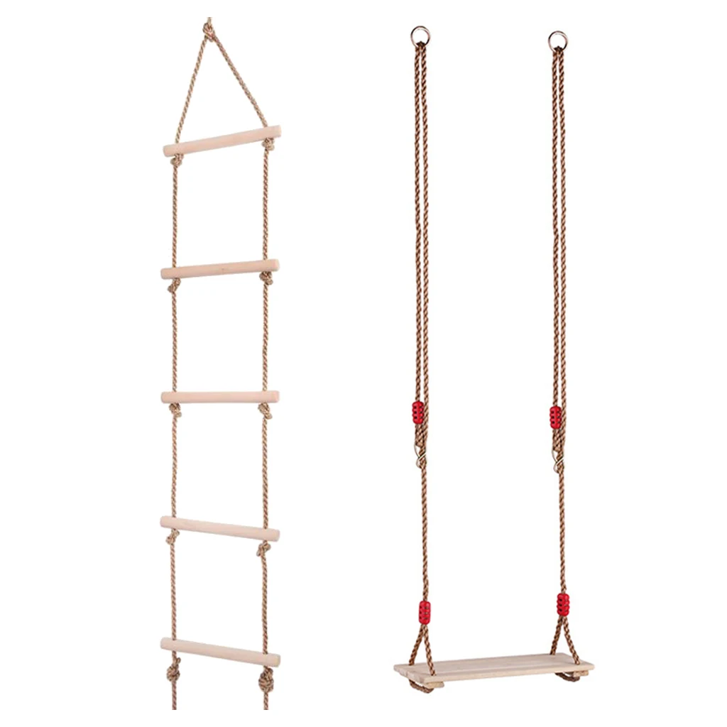 2pcs Wooden 5 Rungs Rope Climbing Ladder & Flat Seat Swing Chair Kids Playground Activity Toy Playhouse Set