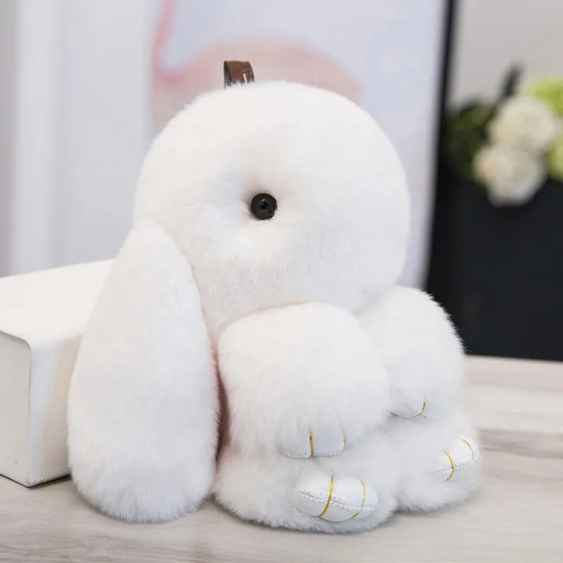 

18CM Fluffy Bunny Keychain Real Rex Rabbit Fur Keychain For Women Hand Bag Pendant Car Charm Keyrings Holder Jewelry