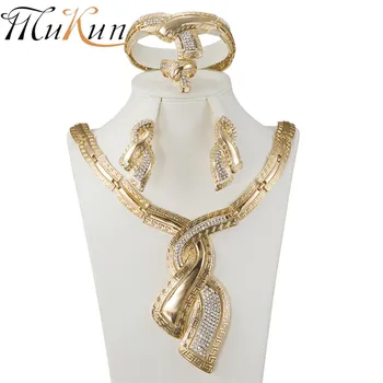 

MUKUN 2017 New African pearl bride crystal jewelry Dubai golden color jewelry set romantic necklace earring bracelet jewelry set