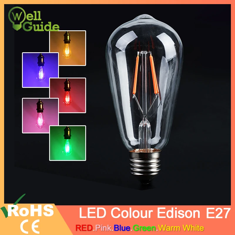 

NEW Blue Red Pink Green Color Led Edison Filament Light ST64 COB LED Bulb Lamp 220v E27 Retro Globe Replace
