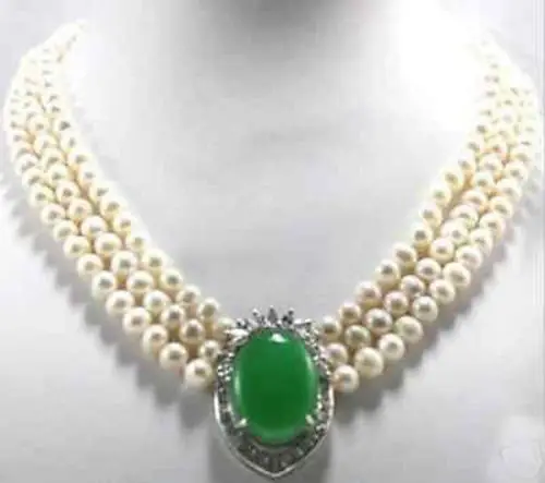 

Free shipping@@@@@ 3Strands 7-8mm White Culutred Pearl Pearl &Emerald Necklace 17"-19
