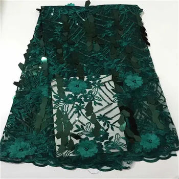 

Green Sequins French Lace Fabrics With Beads 3D Flowers African Tulle Net Lace Fabric For Wedding Party Dress