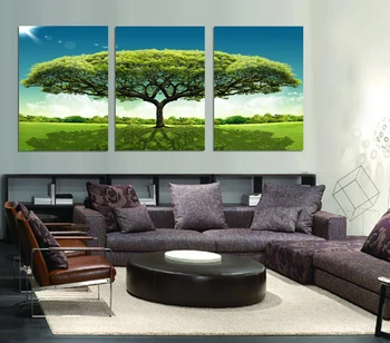 

3 Panels Canvas Art Beautiful Green Tree Modern Wall Painting On Canvas Large Tree Of Life Paintings For Living Room Decor